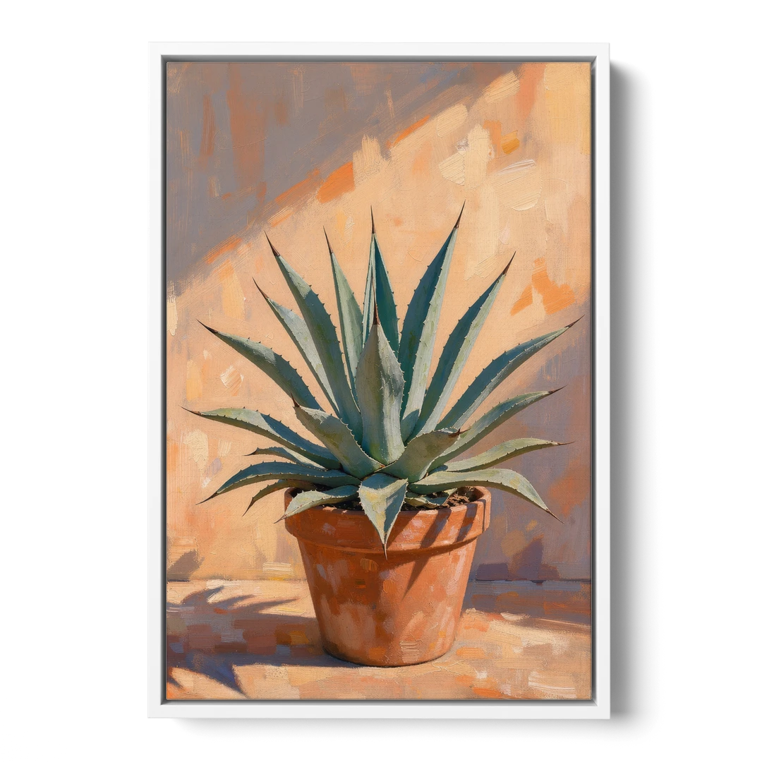 Modern Blue Agave Plant in Afternoon Sun - White Framed Canvas Wall Art - Front