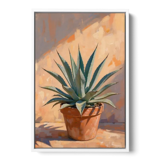Modern Blue Agave Plant in Afternoon Sun - White Framed Canvas Wall Art - Front
