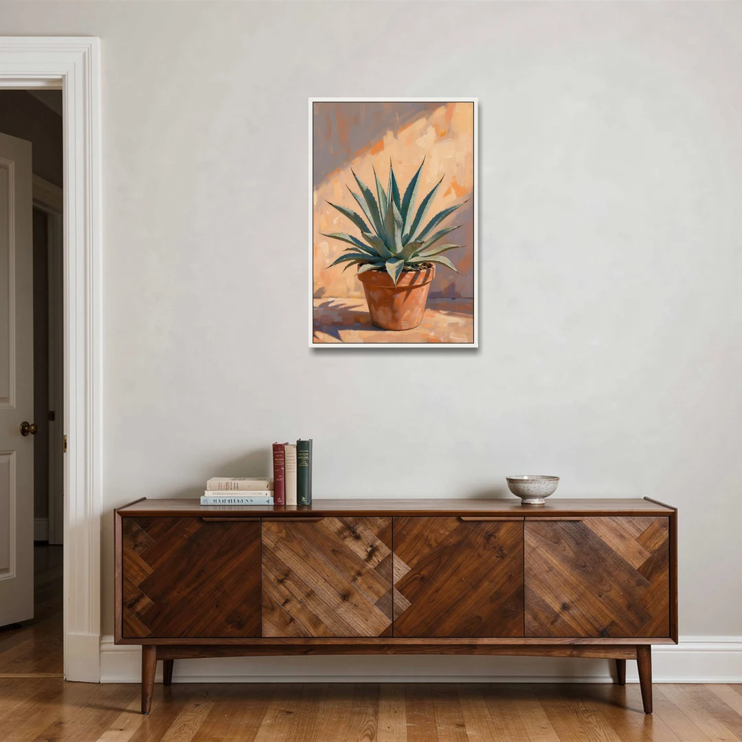 Modern Blue Agave Plant in Afternoon Sun - White Framed Canvas Wall Art - Coffee Table - 24x36