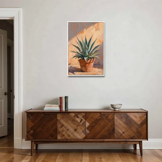 Modern Blue Agave Plant in Afternoon Sun - White Framed Canvas Wall Art - Coffee Table - 24x36