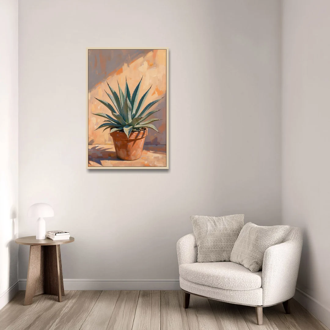 Modern Blue Agave Plant in Afternoon Sun - Oak Framed Canvas Wall Art - Sofa - 24x36