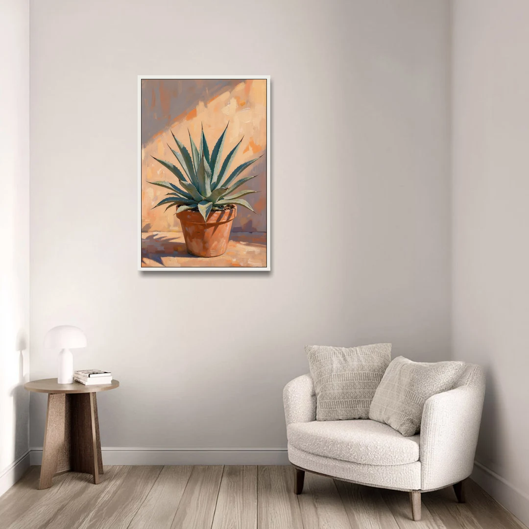 Modern Blue Agave Plant in Afternoon Sun - White Framed Canvas Wall Art - Sofa - 24x36