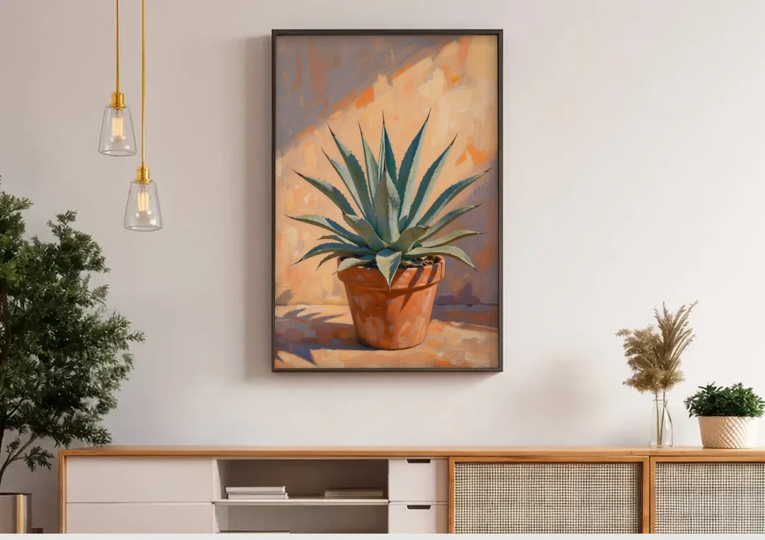 Modern Blue Agave Plant in Afternoon Sun canvas wall art above a wooden sideboard under pendant lights
