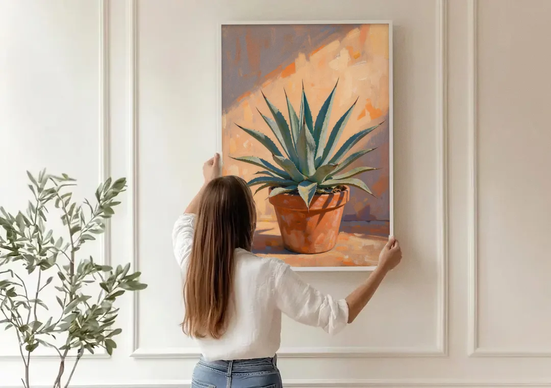 Modern Blue Agave Plant in Afternoon Sun canvas wall art being hung on a paneled wall