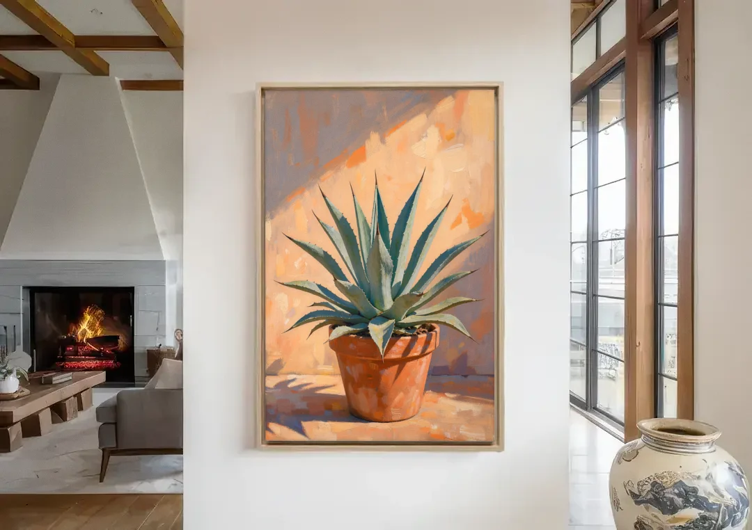 Modern Blue Agave Plant in Afternoon Sun canvas wall art in a living room with a fireplace