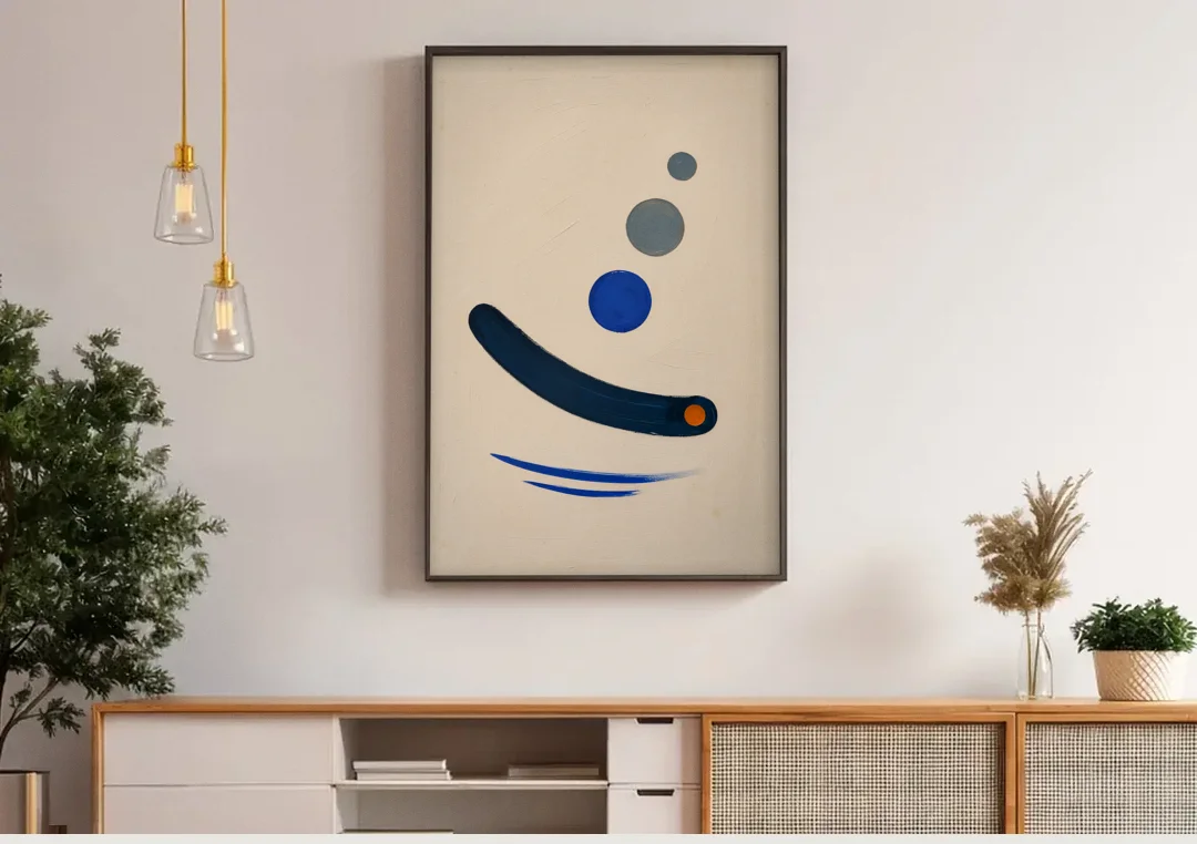 Modern Blue Wall Art with a Navy Boomerang canvas wall art above a wooden sideboard under pendant lights