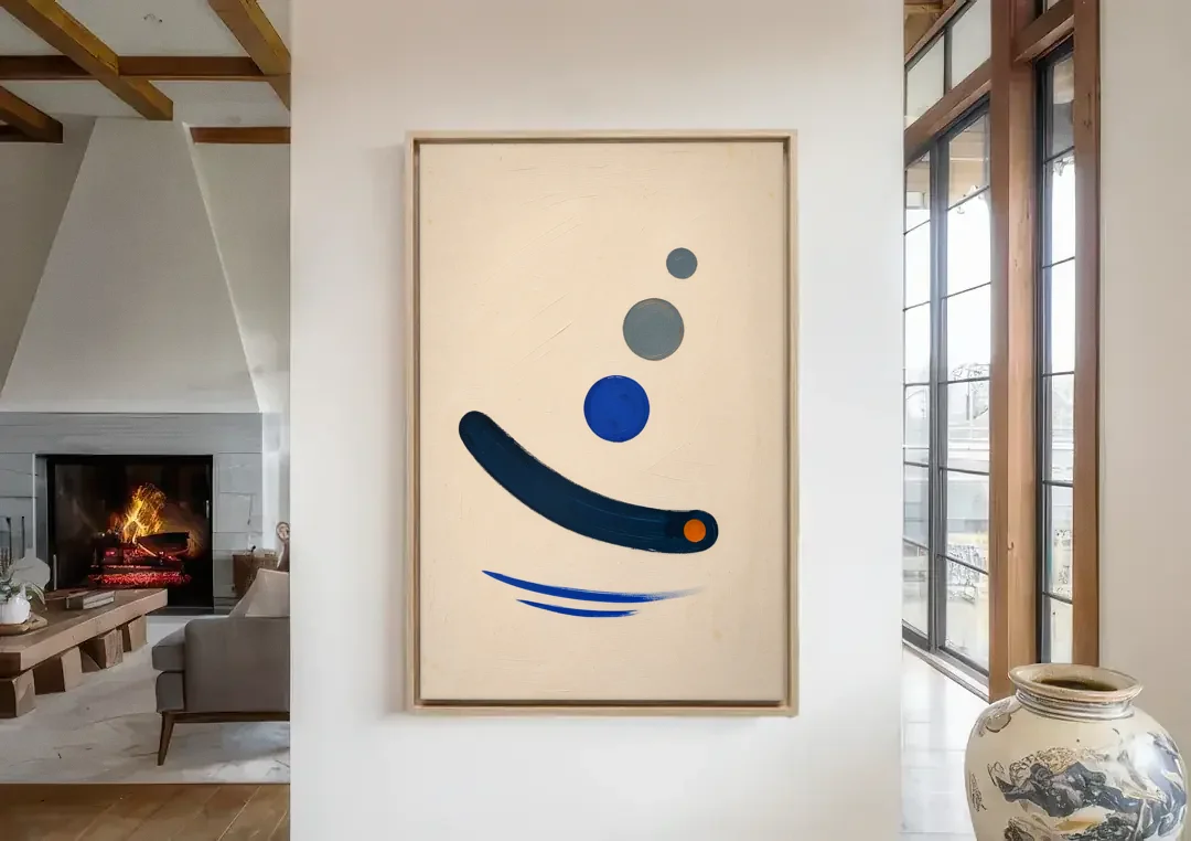 Modern Blue Wall Art with a Navy Boomerang canvas wall art in a living room with a fireplace