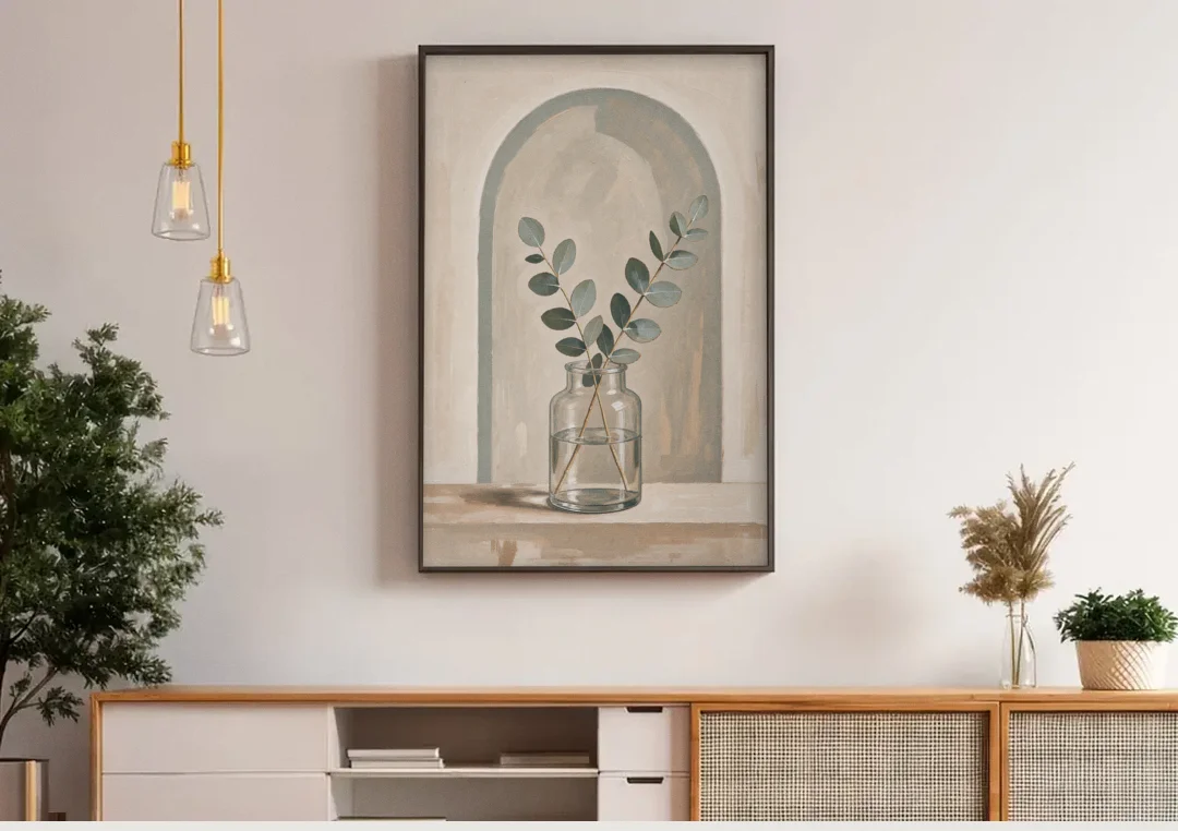 Modern Botanical Prints Eucalyptus Sprig Under an Arch canvas wall art above a wooden sideboard under pendant lights