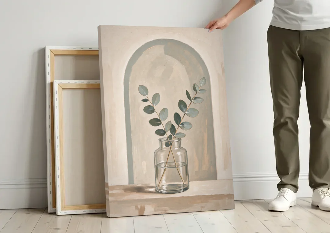 Modern Botanical Prints Eucalyptus Sprig Under an Arch canvas wall art leaning against a wall next to blank canvases
