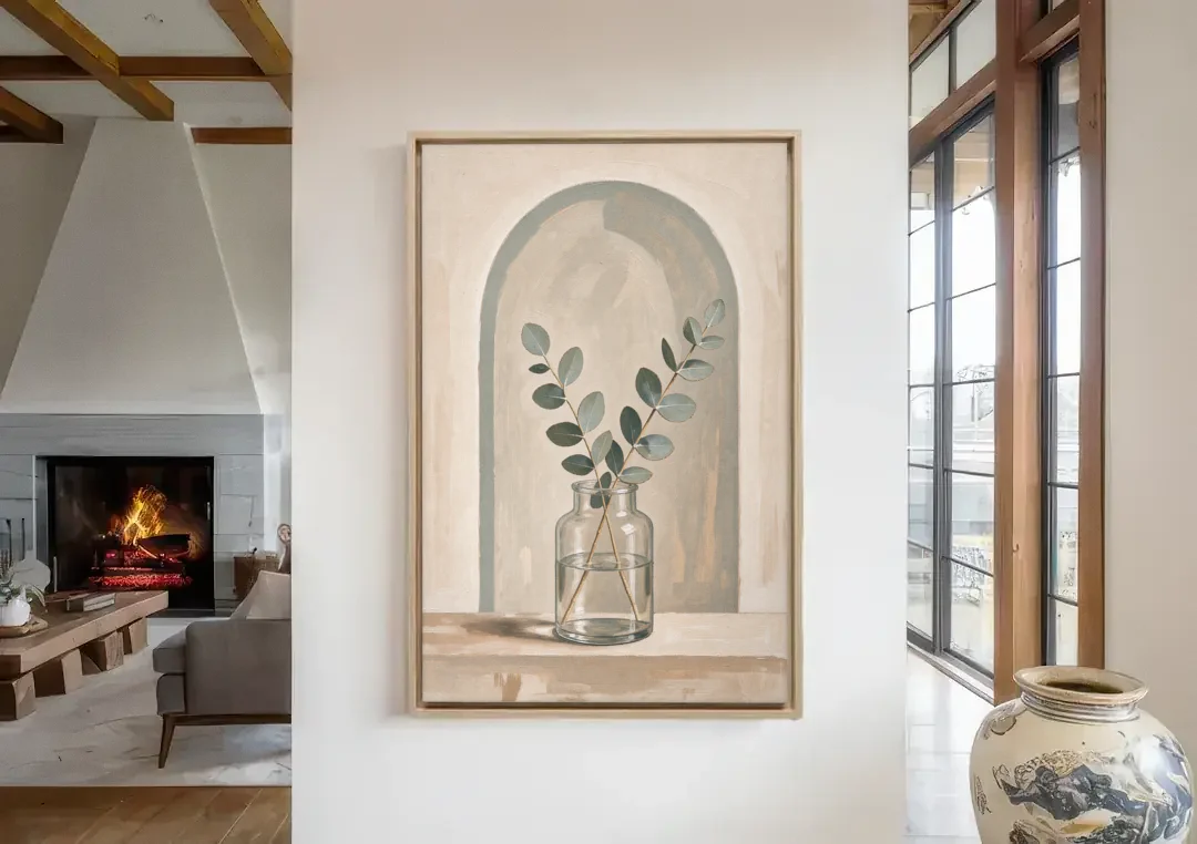 Modern Botanical Prints Eucalyptus Sprig Under an Arch canvas wall art in a living room with a fireplace