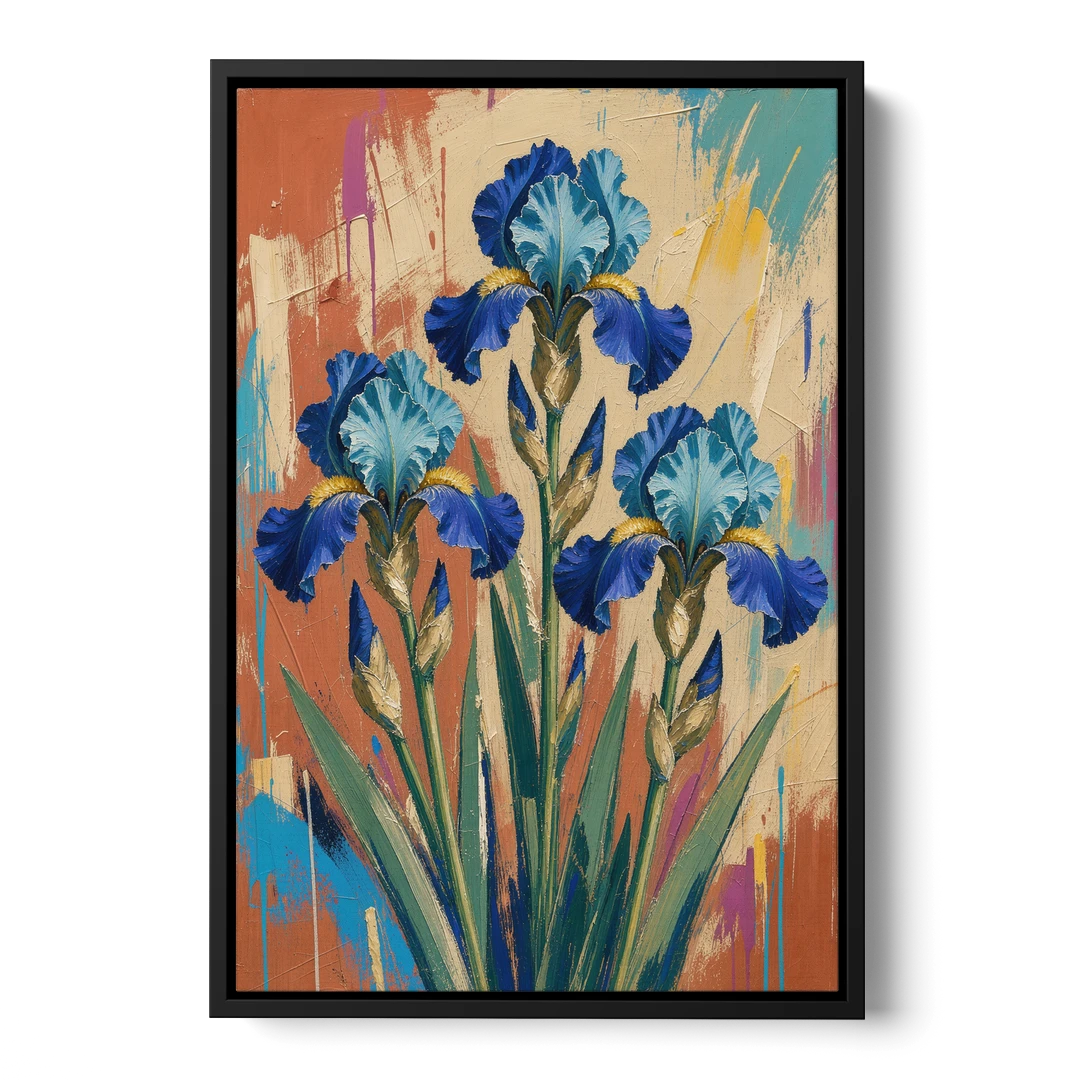 Modern Botanical Wall Art of Blue Irises on Terracotta - Black Framed Canvas Wall Art - Front