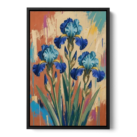 Modern Botanical Wall Art of Blue Irises on Terracotta - Black Framed Canvas Wall Art - Front