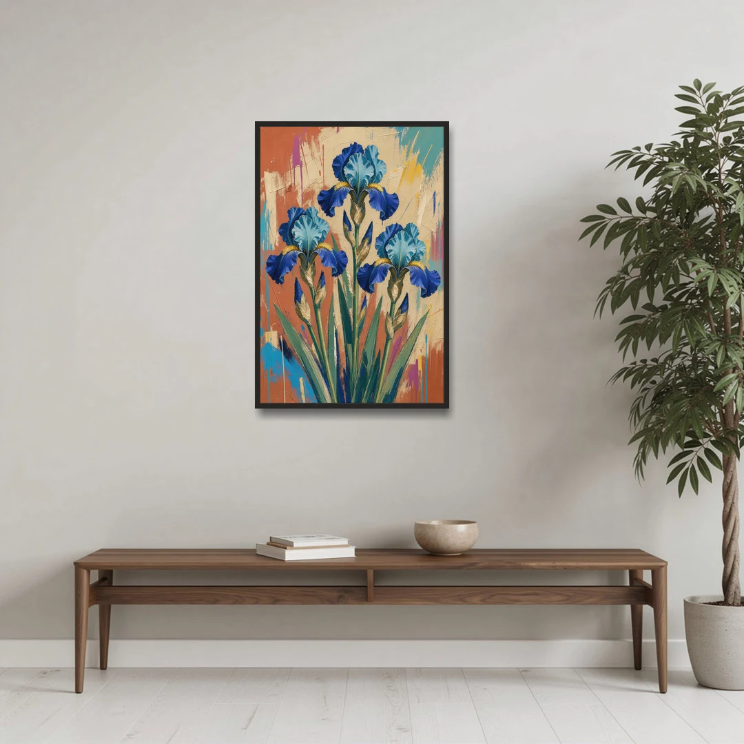 Modern Botanical Wall Art of Blue Irises on Terracotta - Black Framed Canvas Wall Art - Coffee Table - 24x36