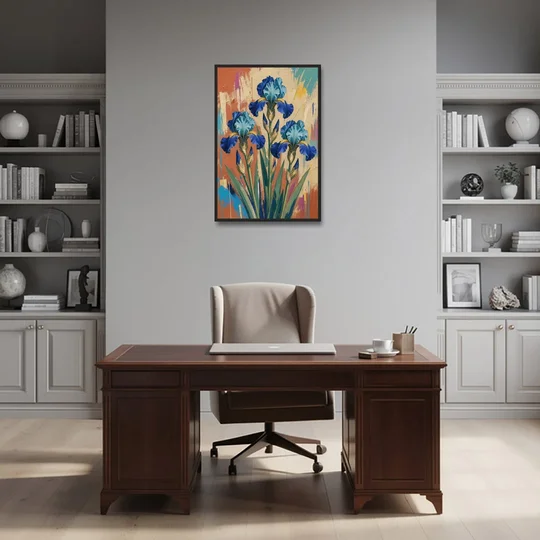 Modern Botanical Wall Art of Blue Irises on Terracotta - Black Framed Canvas Wall Art - Office - 24x36
