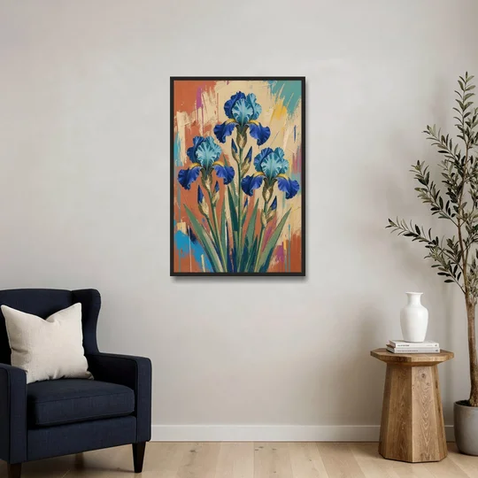 Modern Botanical Wall Art of Blue Irises on Terracotta - Black Framed Canvas Wall Art - Sofa - 24x36