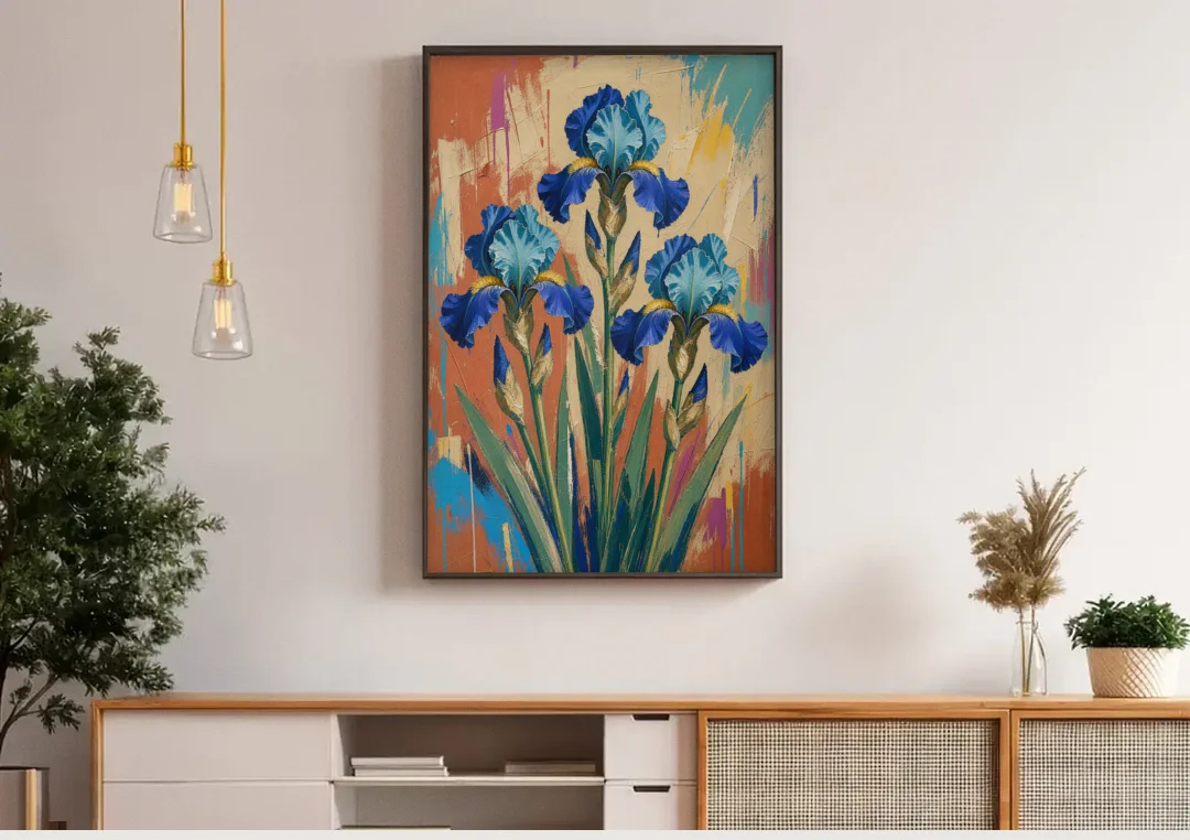 Modern Botanical Wall Art of Blue Irises on Terracotta canvas wall art above a wooden sideboard under pendant lights