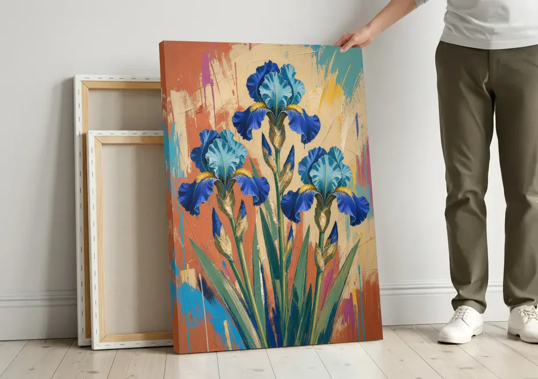Modern Botanical Wall Art of Blue Irises on Terracotta canvas wall art leaning against a wall next to blank canvases