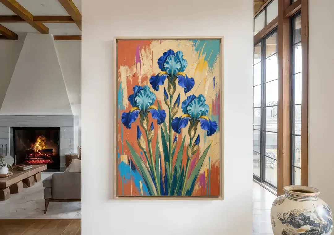 Modern Botanical Wall Art of Blue Irises on Terracotta canvas wall art in a living room with a fireplace