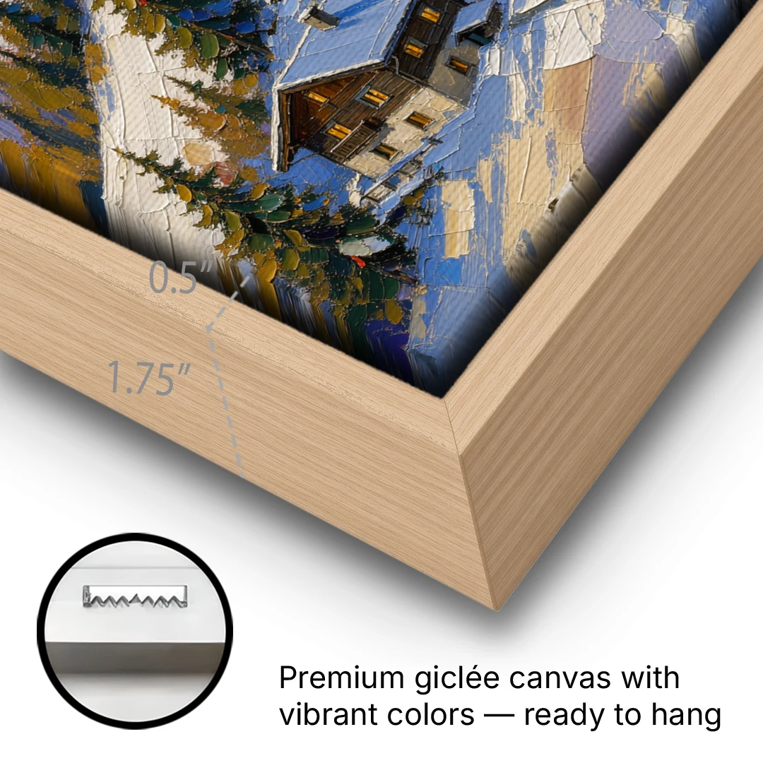 Modern Christmas Painting of the Alpine Slope - Oak Framed Canvas Wall Art - Gallery Wrap Corner