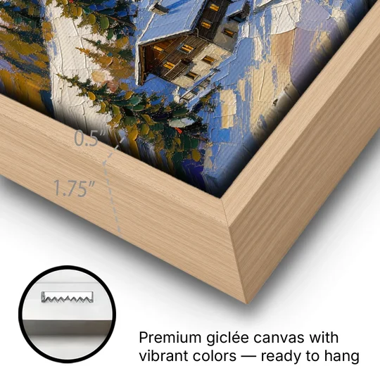 Modern Christmas Painting of the Alpine Slope - Oak Framed Canvas Wall Art - Gallery Wrap Corner