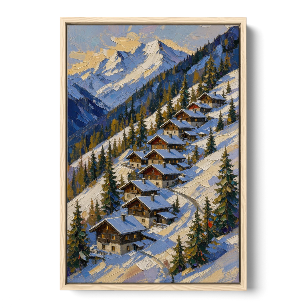 Modern Christmas Painting of the Alpine Slope - Oak Framed Canvas Wall Art - Front