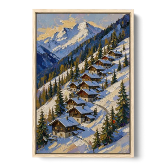 Modern Christmas Painting of the Alpine Slope - Oak Framed Canvas Wall Art - Front