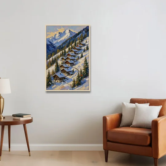 Modern Christmas Painting of the Alpine Slope - Oak Framed Canvas Wall Art - Sofa - 24x36