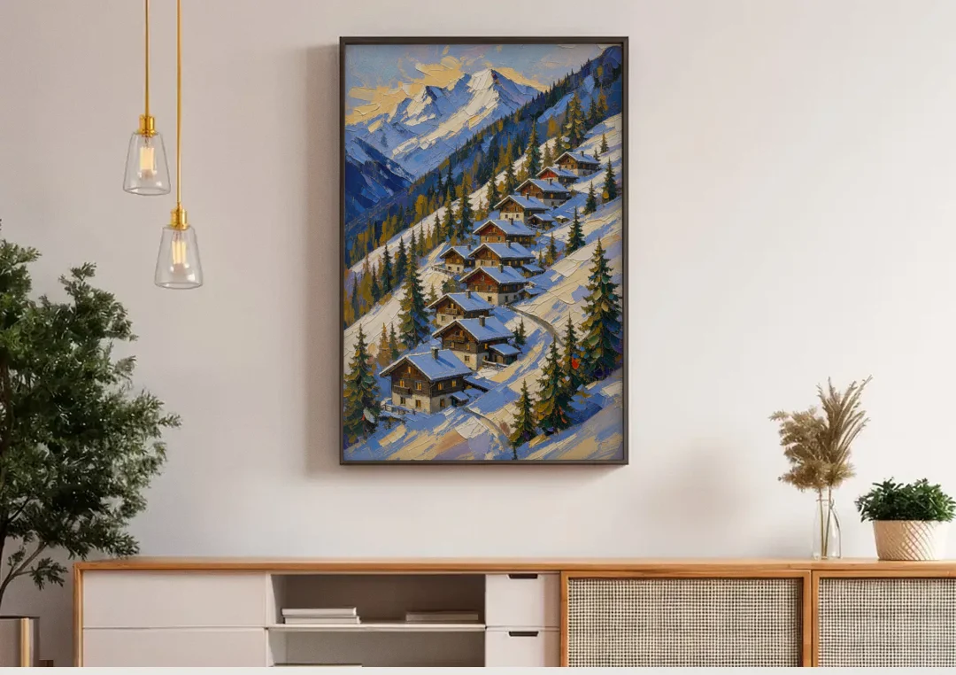 Modern Christmas Painting of the Alpine Slope canvas wall art above a wooden sideboard under pendant lights