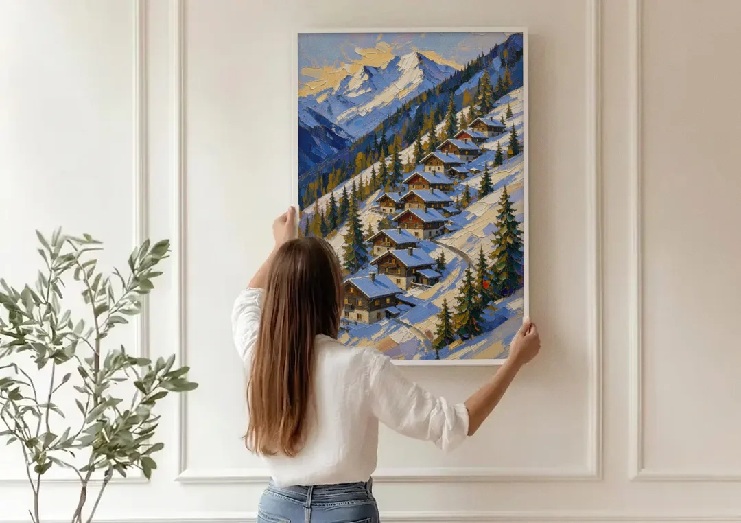 Modern Christmas Painting of the Alpine Slope canvas wall art being hung on a paneled wall