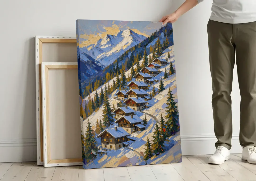 Modern Christmas Painting of the Alpine Slope canvas wall art leaning against a wall next to blank canvases
