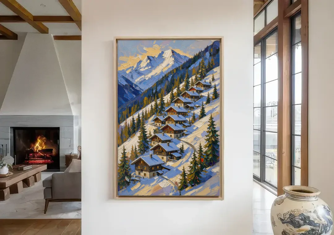 Modern Christmas Painting of the Alpine Slope canvas wall art in a living room with a fireplace