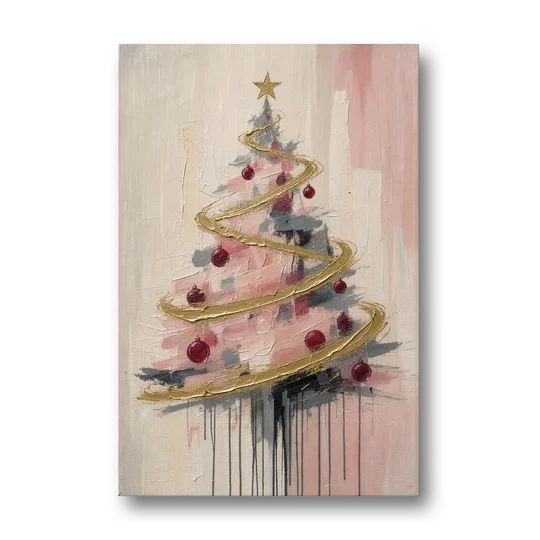 Modern Christmas Tree Painting with Gold Spiral - Canvas Wall Art - Front