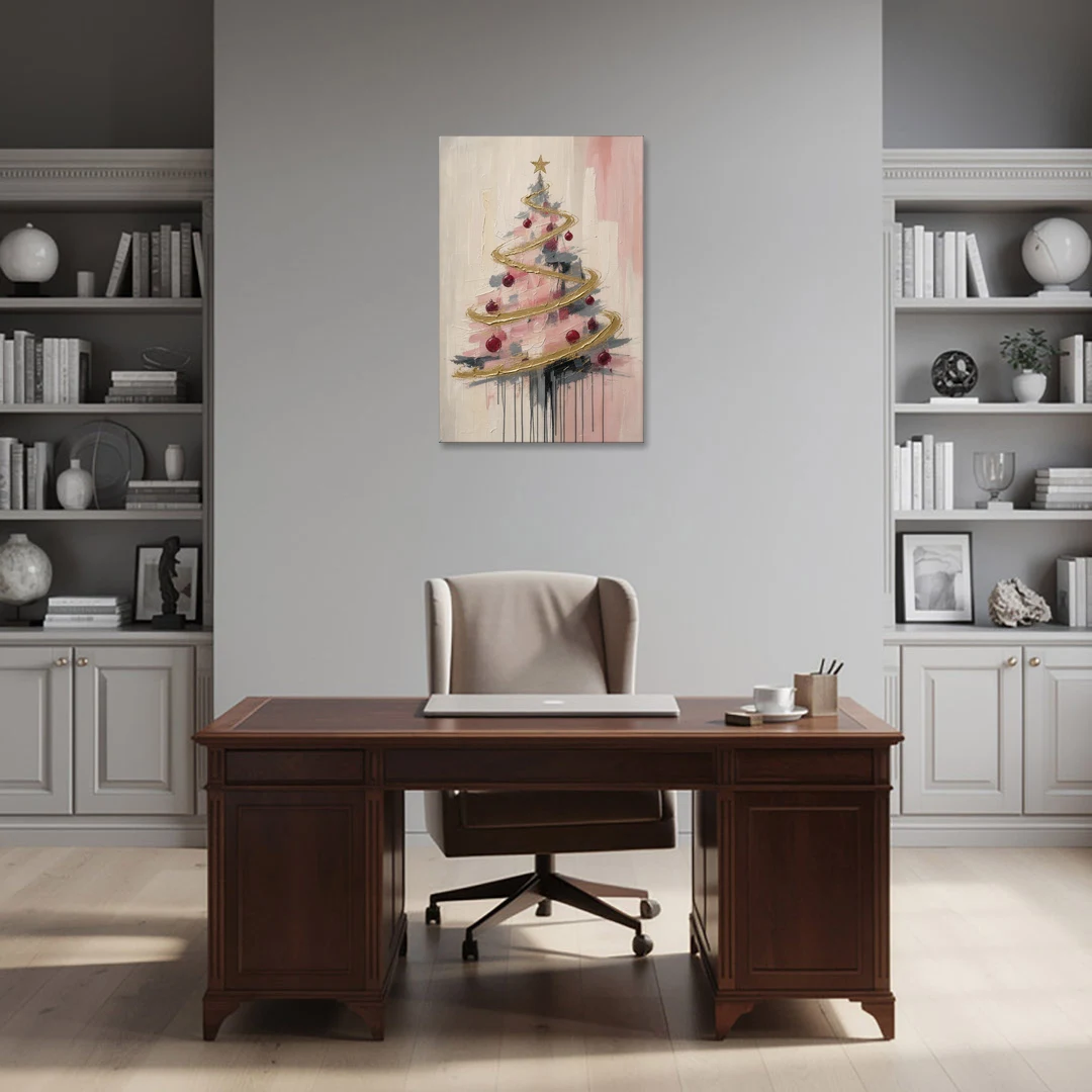 Modern Christmas Tree Painting with Gold Spiral - Canvas Wall Art - Office - 24x36