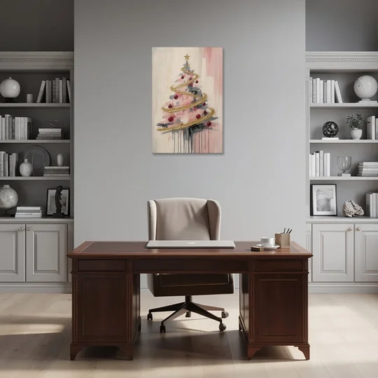 Modern Christmas Tree Painting with Gold Spiral - Canvas Wall Art - Office - 24x36