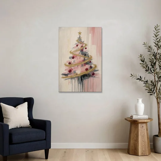 Modern Christmas Tree Painting with Gold Spiral - Canvas Wall Art - Sofa - 24x36
