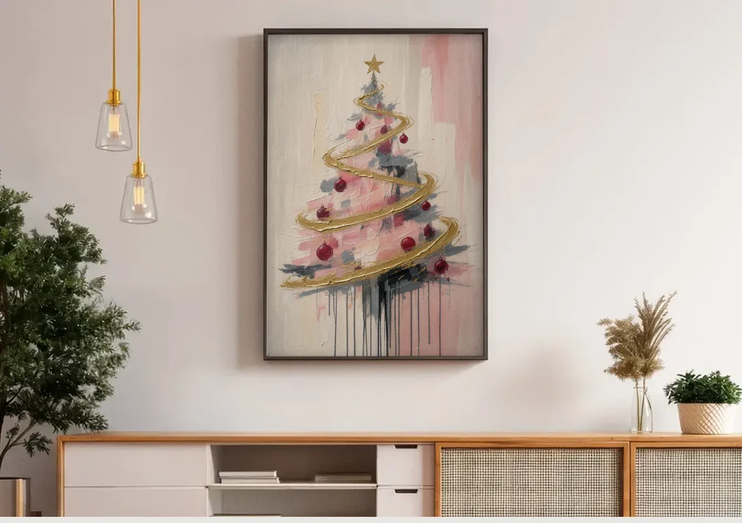 Modern Christmas Tree Painting with Gold Spiral canvas wall art above a wooden sideboard under pendant lights
