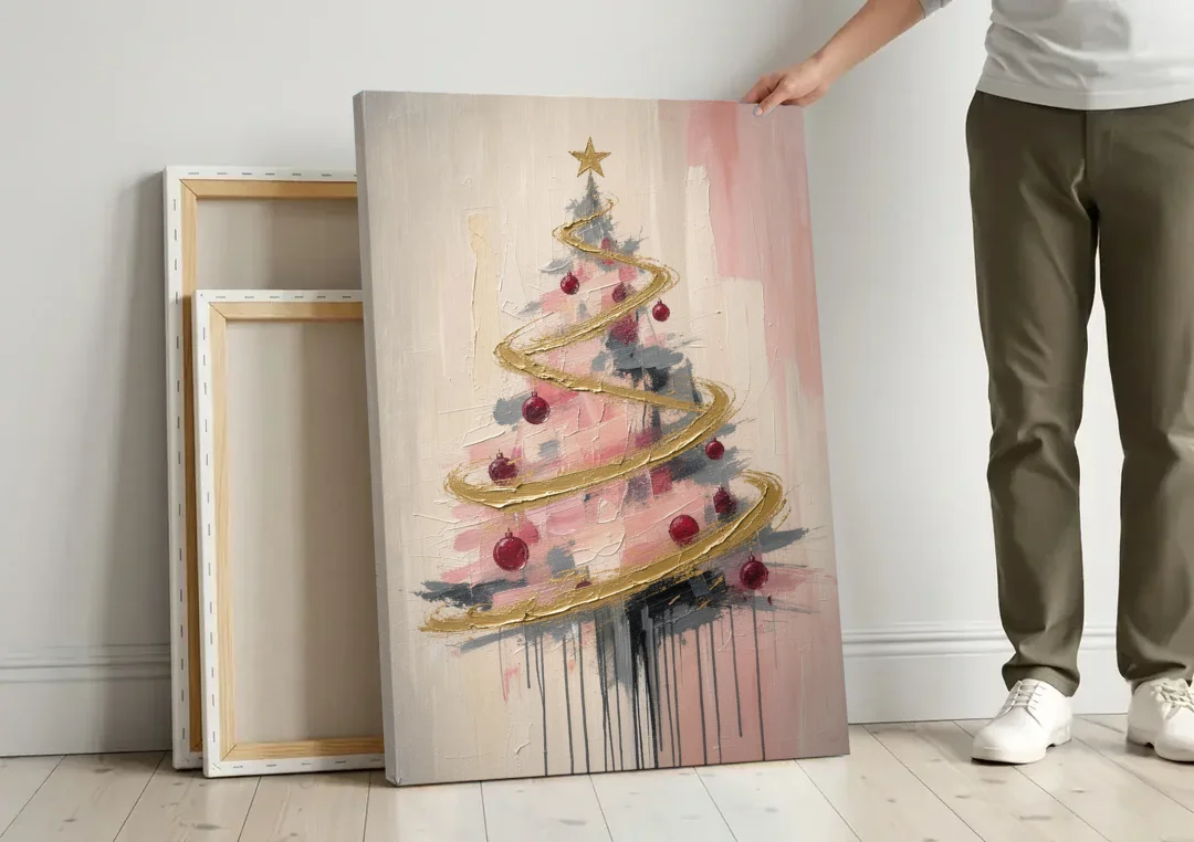 Modern Christmas Tree Painting with Gold Spiral canvas wall art leaning against a wall next to blank canvases