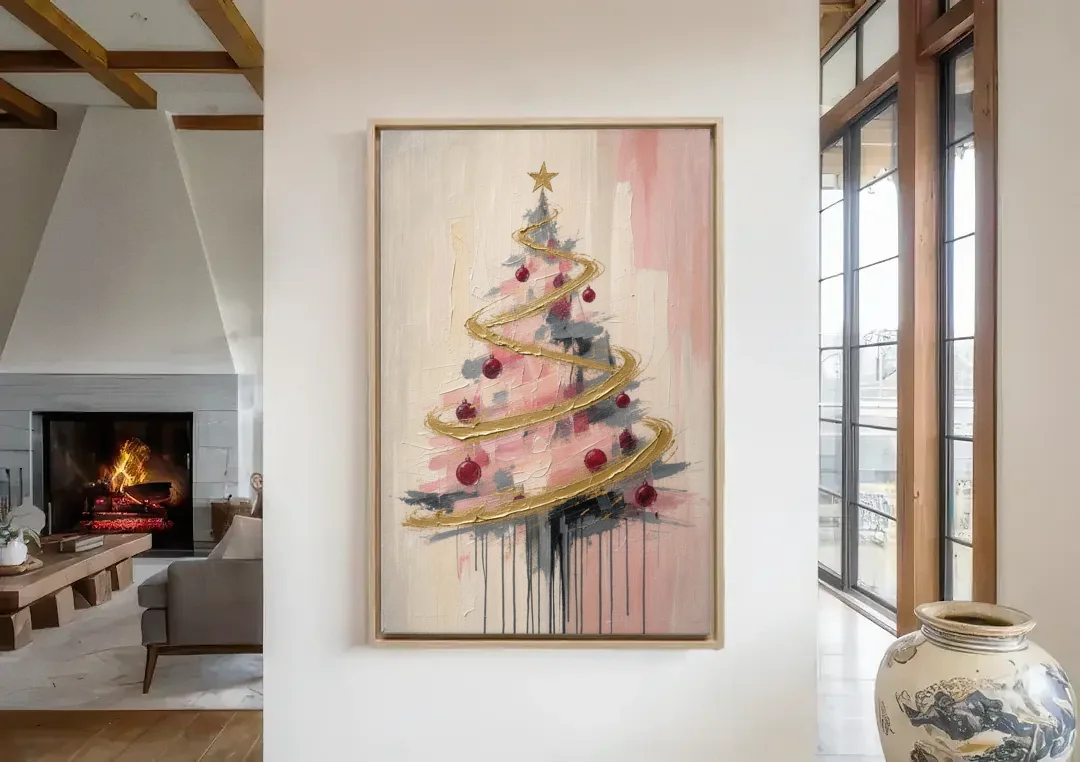 Modern Christmas Tree Painting with Gold Spiral canvas wall art in a living room with a fireplace