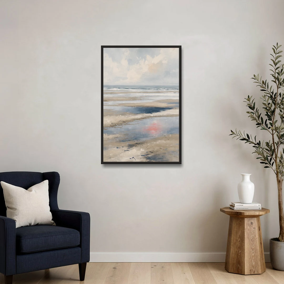 Modern Coastal Low Tide Sky Reflections - Black Framed Canvas Wall Art - Sofa - 24x36