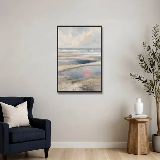 Modern Coastal Low Tide Sky Reflections - Black Framed Canvas Wall Art - Sofa - 24x36