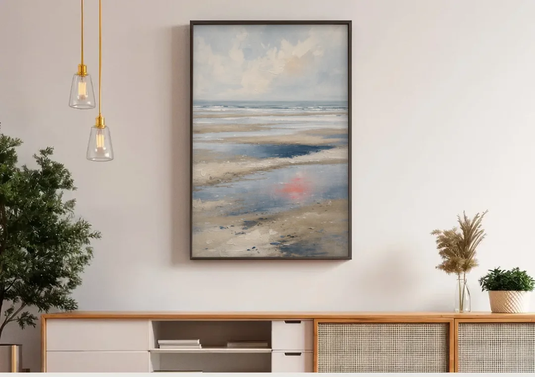 Modern Coastal Low Tide Sky Reflections canvas wall art above a wooden sideboard under pendant lights