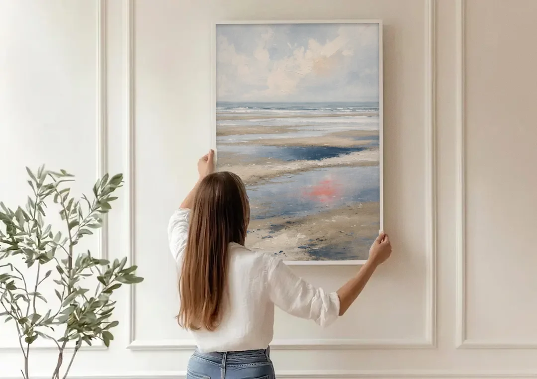 Modern Coastal Low Tide Sky Reflections canvas wall art being hung on a paneled wall