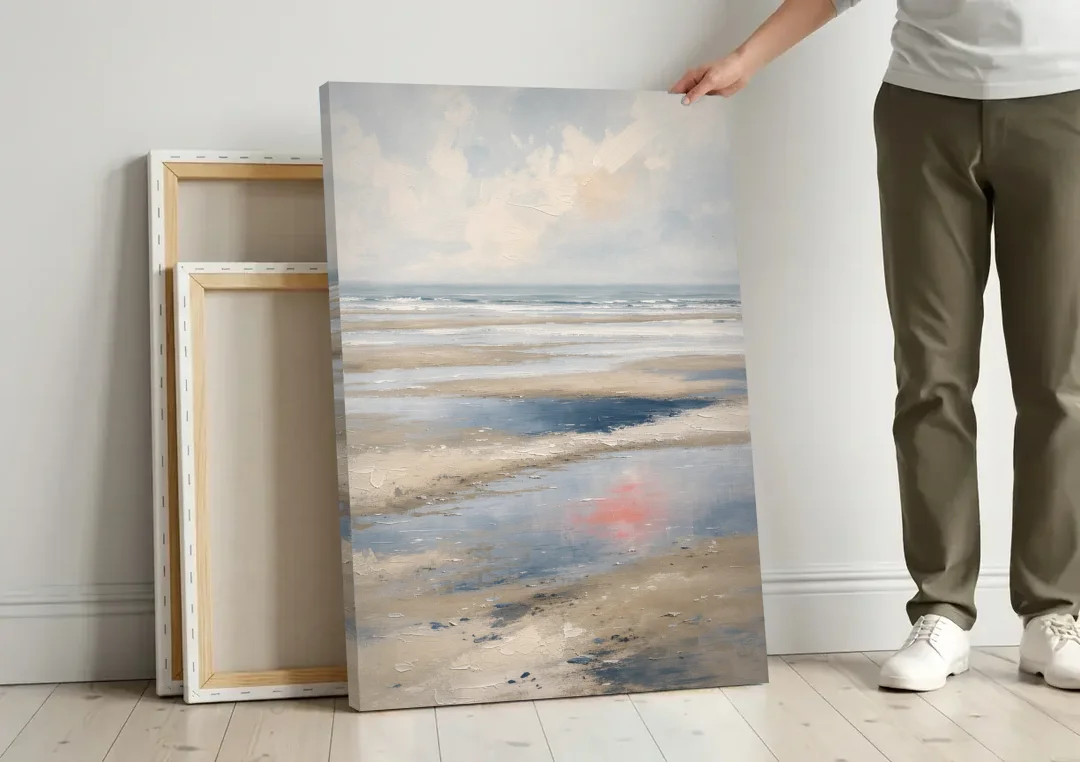 Modern Coastal Low Tide Sky Reflections canvas wall art leaning against a wall next to blank canvases