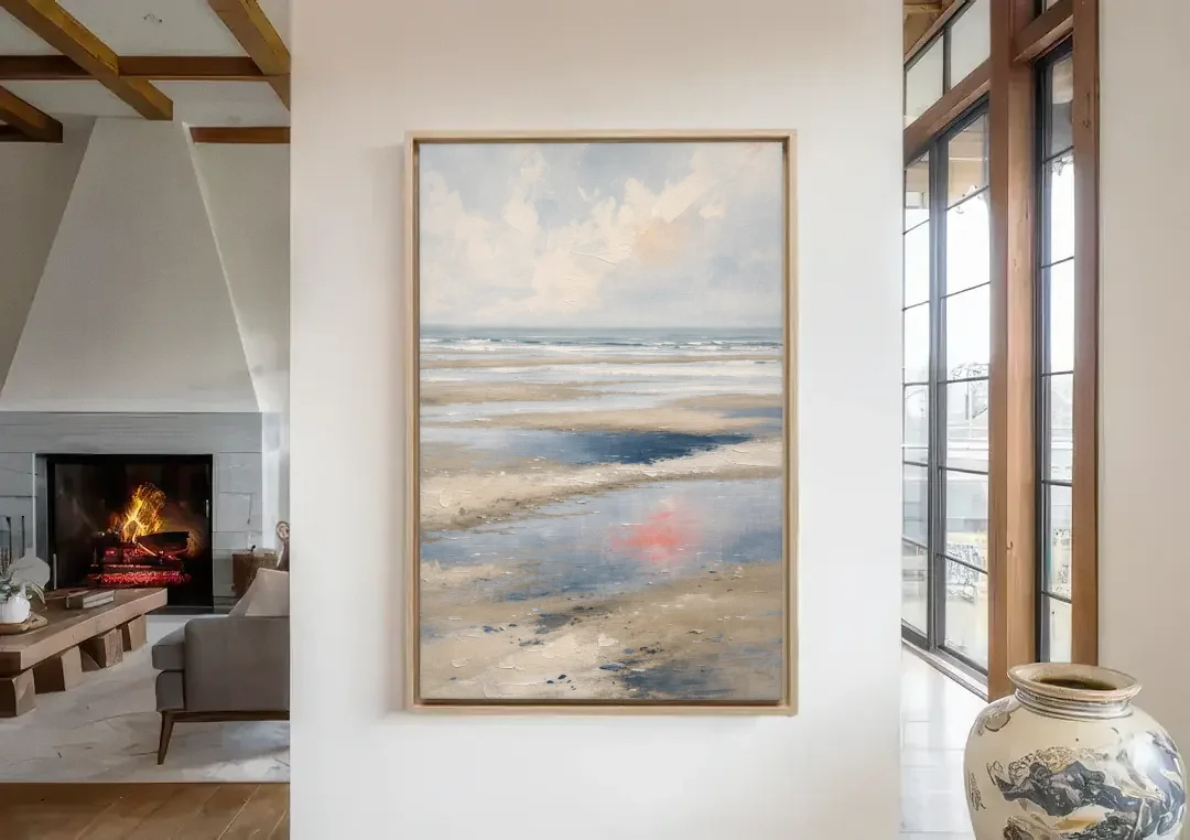 Modern Coastal Low Tide Sky Reflections canvas wall art in a living room with a fireplace