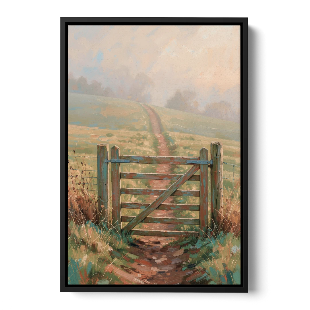 Modern Farmhouse Wall Art Pasture Gate in Morning Mist - Black Framed Canvas Wall Art - Front