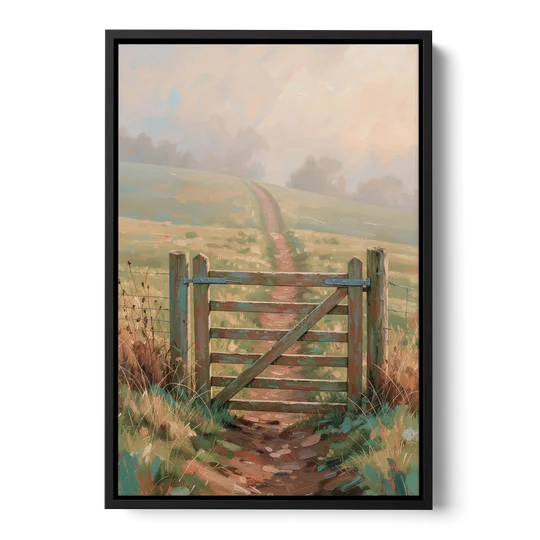 Modern Farmhouse Wall Art Pasture Gate in Morning Mist - Black Framed Canvas Wall Art - Front