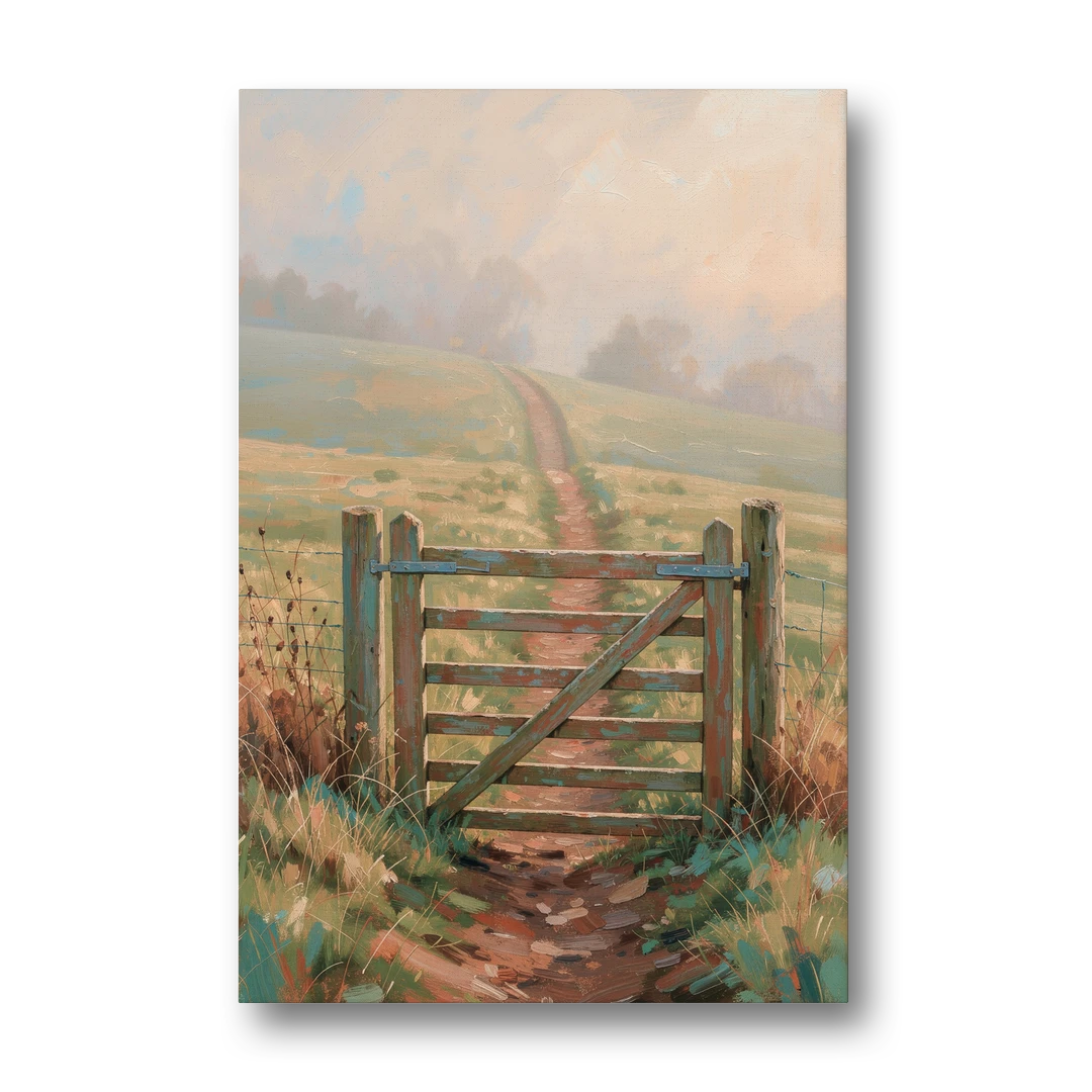 Modern Farmhouse Wall Art Pasture Gate in Morning Mist - Canvas Wall Art - Front