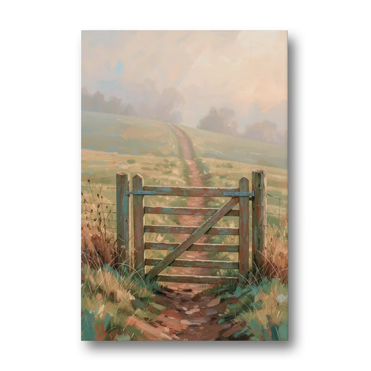 Modern Farmhouse Wall Art Pasture Gate in Morning Mist - Canvas Wall Art - Front