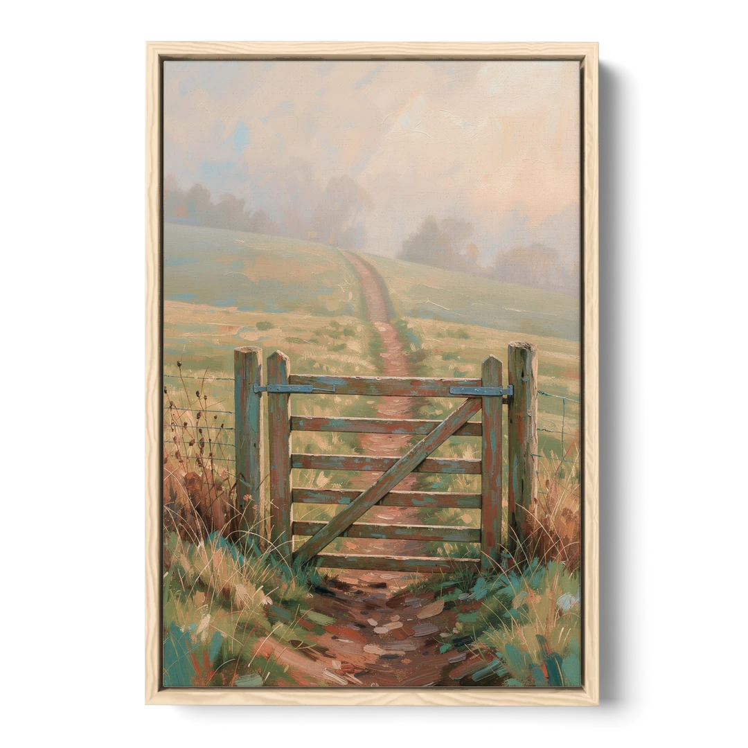 Modern Farmhouse Wall Art Pasture Gate in Morning Mist - Oak Framed Canvas Wall Art - Front
