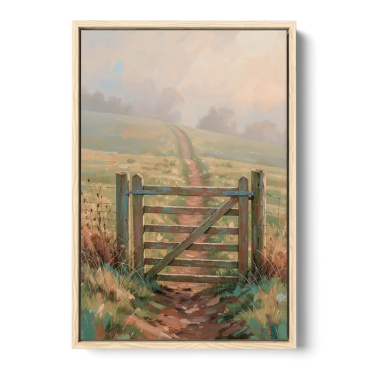 Modern Farmhouse Wall Art Pasture Gate in Morning Mist - Oak Framed Canvas Wall Art - Front